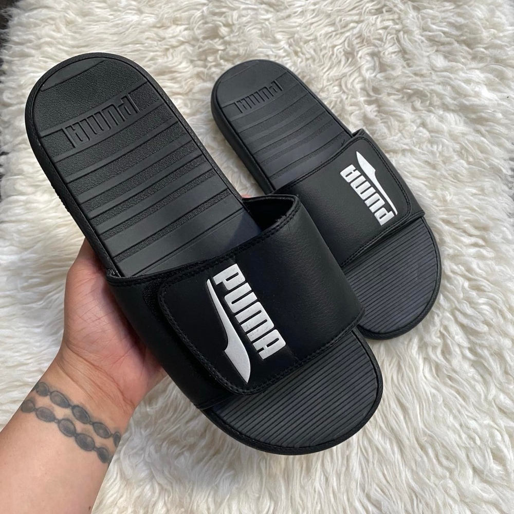 PUMA BLACK COOL CAT HOOK AND LOOP SLIDES SANDALS